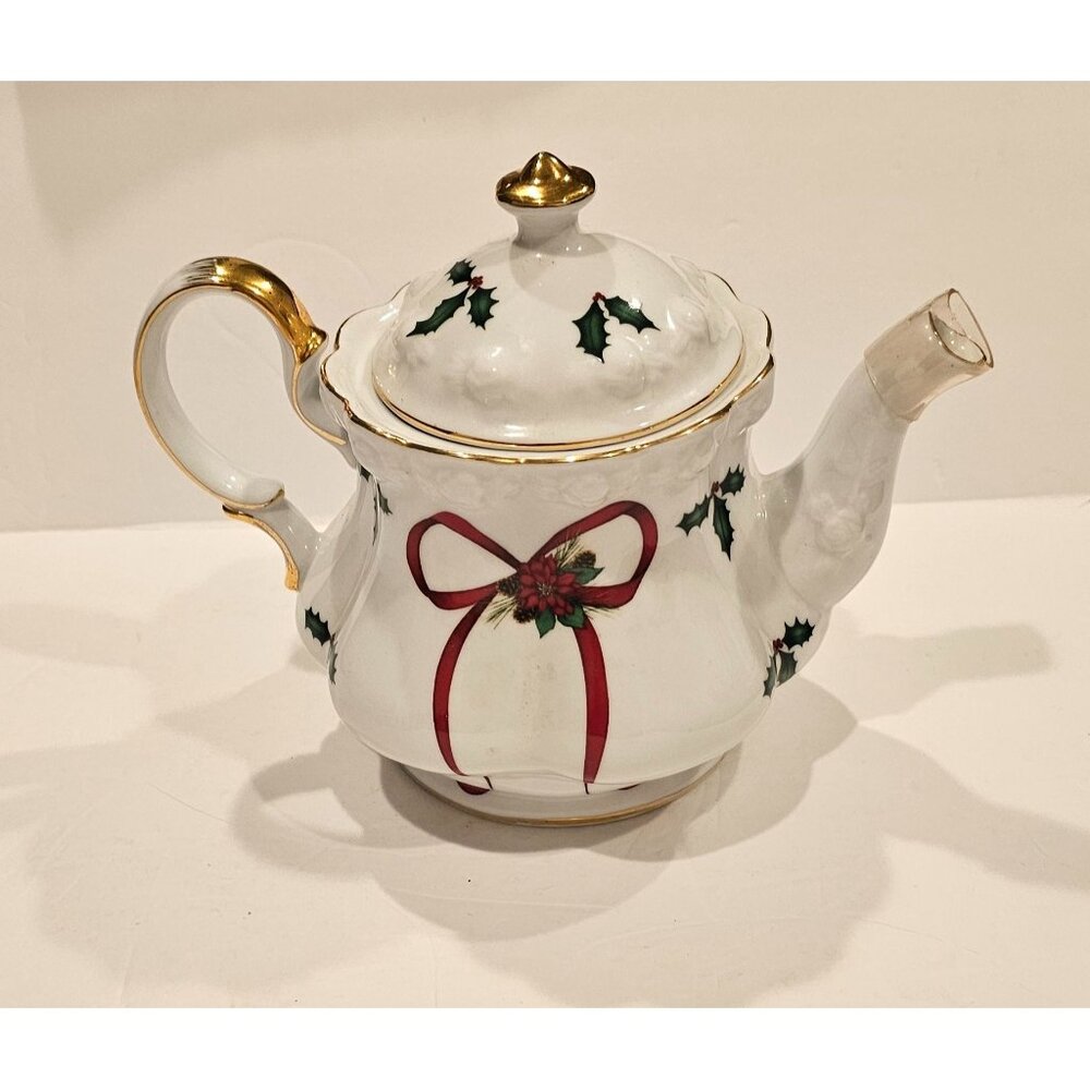 Nantucket Teapot Christmas Ribbon‎ W/Berries Holly Gold
